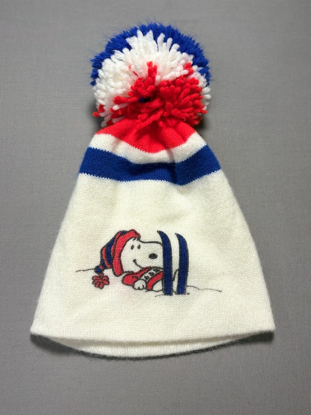 Vintage 1958 Snoopy in Snow on Skis Red White Blue Knit Beanie with Pom Pom